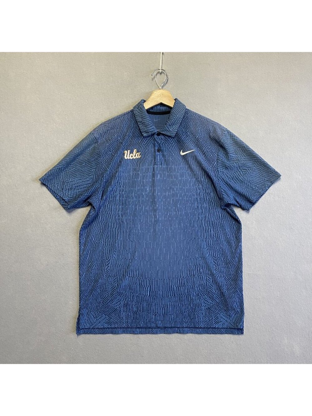 Nike Dri-FIT ADV Blue UCLA Bruins Polo Shirt Textured White Swoosh Script Logo L